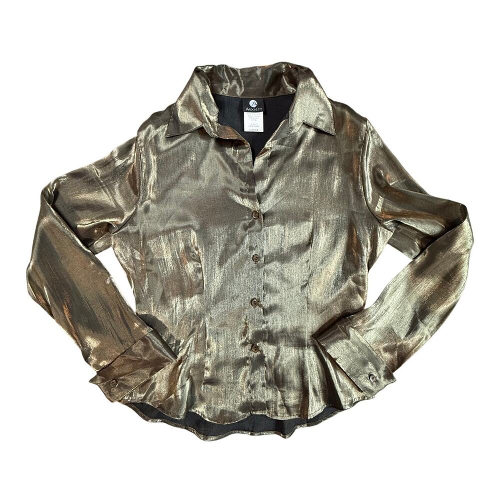 Vintage 90’s “Anxiety” Metallic Gold Iridescent Fitted Ladies Button-Down Blouse